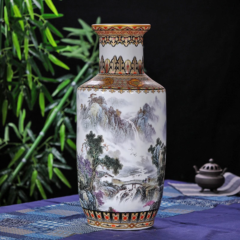 

Antique Chinese Rivers and Mountains Floor Vase Jingdezhen Handmade Golden Drawing Large Floor Vase For Home Decor