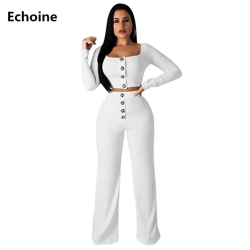 

Women Ribbed Knit 2 Pieces Set Pants Set Crop Top and Wide Leg Pants High Waist Single Breasted Square Collar Clubwear Outfit