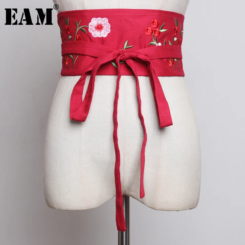 

[EAM] 2019 New Autumn Summer Silk Print Pattern Personality Bandage Spliced Waist Decoration Women Fashion Tide All-match JX381