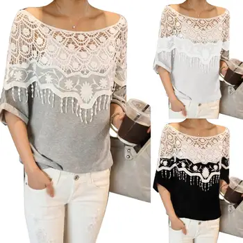

New Fashion Half Sleeve Lace Neck Women Summer Top Breathable Plus Size Loose Blouse