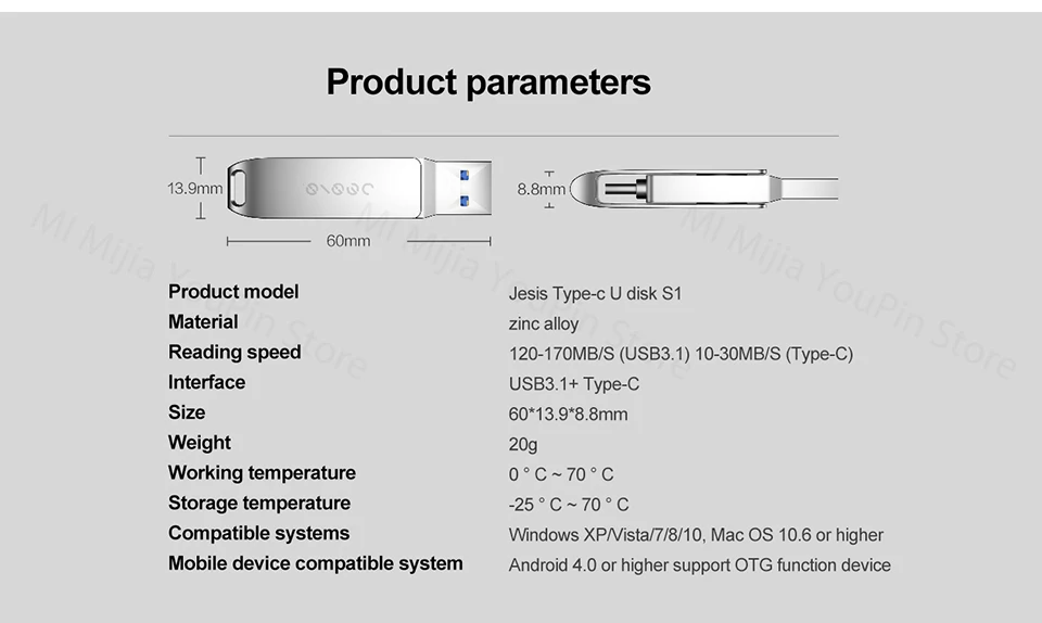 Xiaomi Jesis флэш-диск USB3.1 Тип-C мобильный телефон объем запоминающего устройства расширения 32/64/128 ГБ USB флэшка для ноутбука U диск