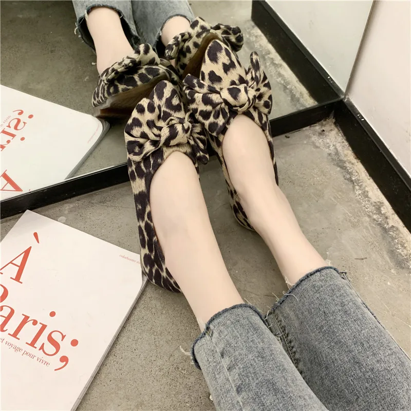 

COOTELILI FLat Shoes Women Flats Slip on Pointed Toe Spring Shoes For Women Loafers Leopard bow-knot