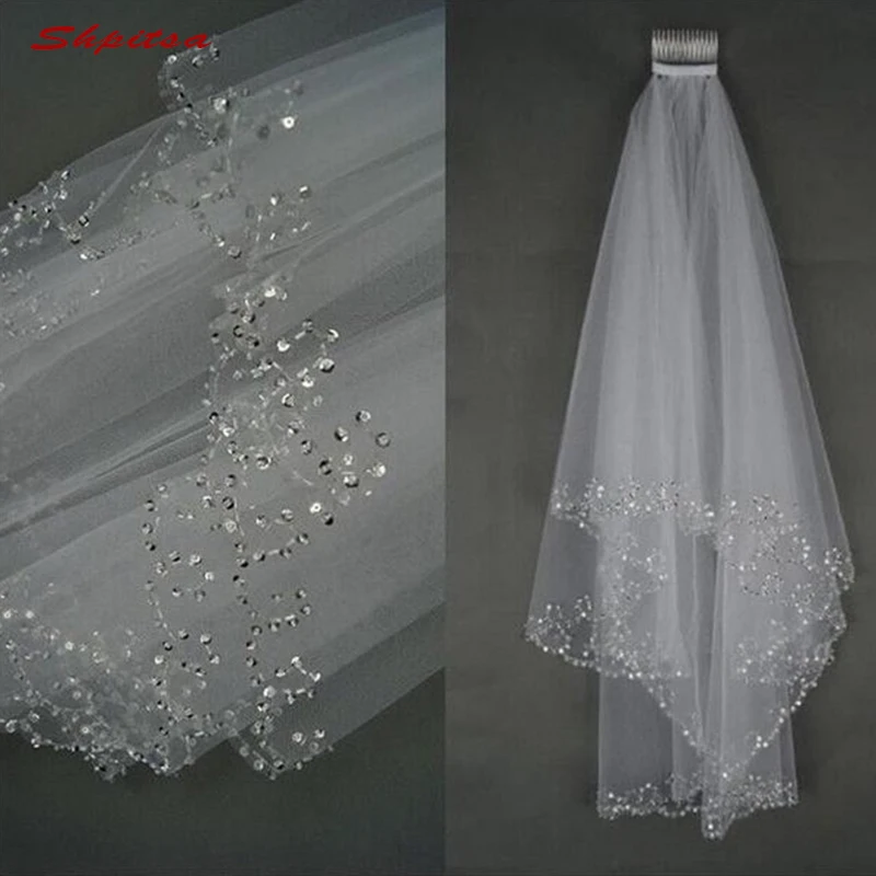 

White or Ivory Short 2 Layer Wedding Veil with Comb Bride Crystal Bridal Veils