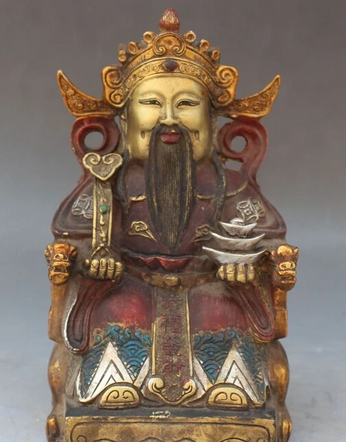 

Chinese Bronze Silver Painting Money Wealth Yuanbao God Mammon Hold Ru Yi Statue S0708