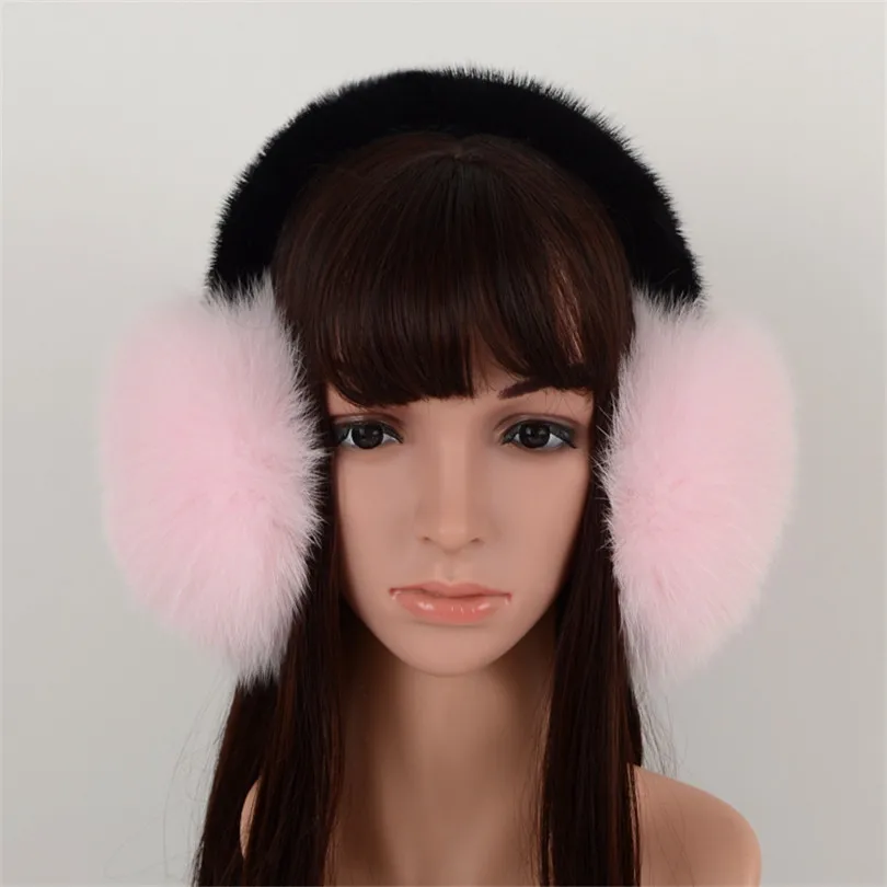 Ladies Simple Design Real Fox Fur Earmuffs Solid Color Autumn Winter