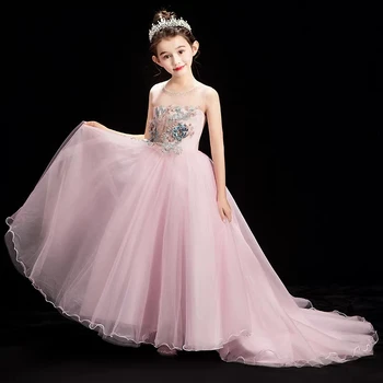 

2019 New Good Quality Children Girls Luxury Pink Evening Party Wedding Long Tail Puffy Mesh Dress Kids Toddler Model Host Dress