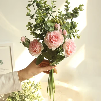 

Wedding Bridal Bouquet Silk Artificial Rose Flowers Real Touch Fake Flowers with Green Leave for Home Garden Decoration
