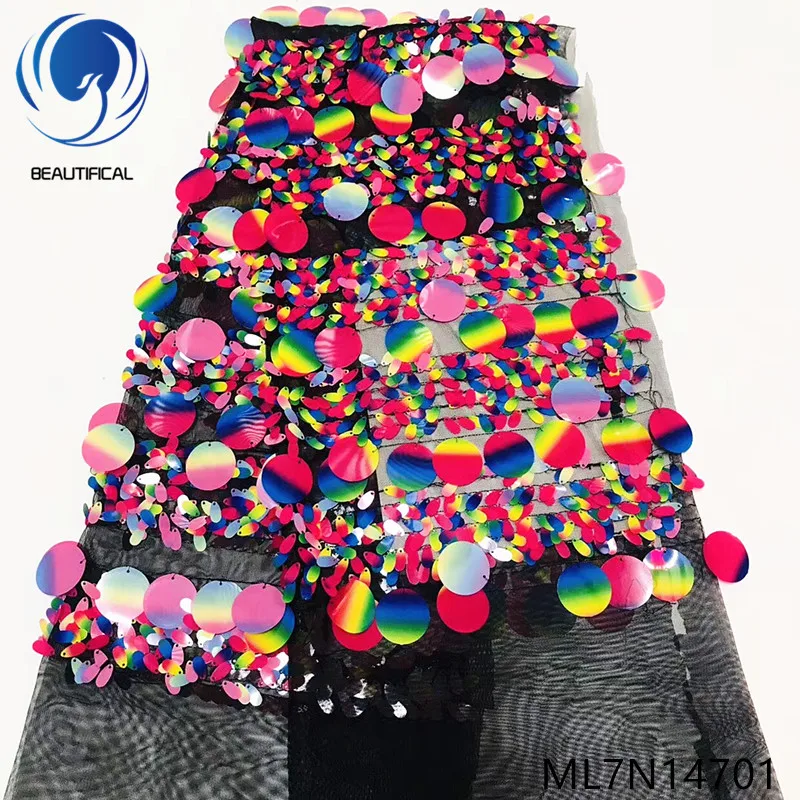 

Beautifical nigerian lace fabrics 2019 New arrival multicolor 3d big sequins net lace fabric for dress french lace ML7N174