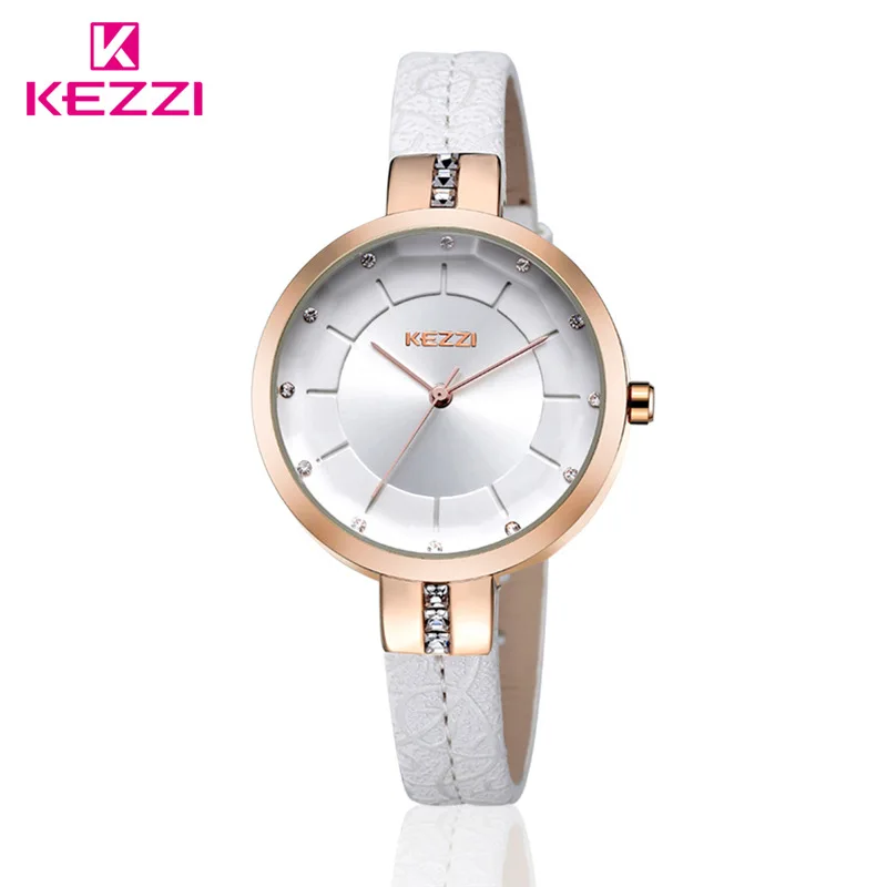 KEZZI Брендовые женские наручные часы с кожаным ремешком, модные инкрустационные стразы, Простой циферблат, японский кварцевый механизм, женские часы - Цвет: white watch