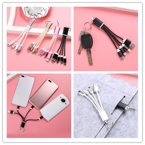 

13.5cm 3 in 1 USB Charger Cable USB Cable Metal keyring Micro USB Data Cord Charger key chain cable For iPhone fo Android