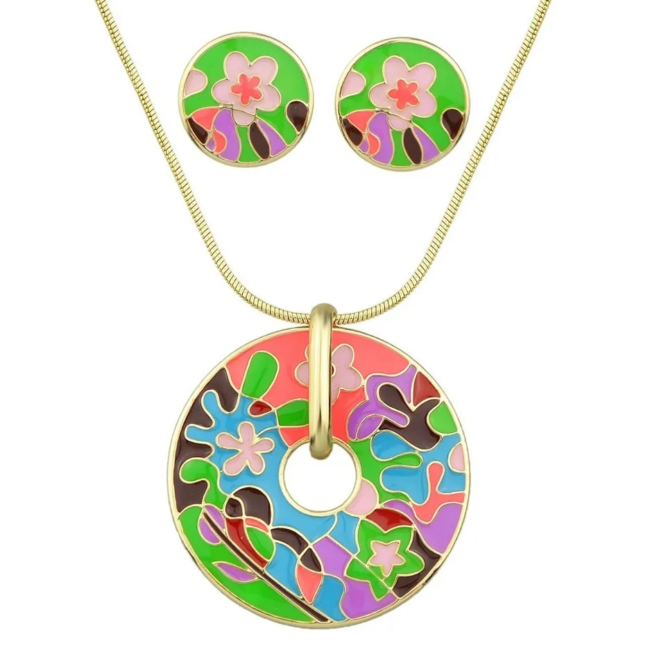 Cute Lovely Style Gold-Color With Colorful Enamel Flower Pattern Round Pendant Necklace and Stud Earrings For Women Jewelry Set | Украшения