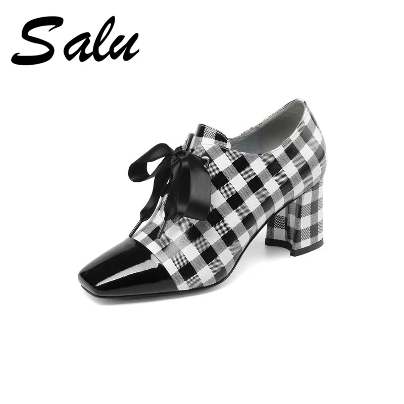 

Salu 2019 full genuine leather square toe thick heel women pumps fashion grid women high heel shoes office ladies shoes