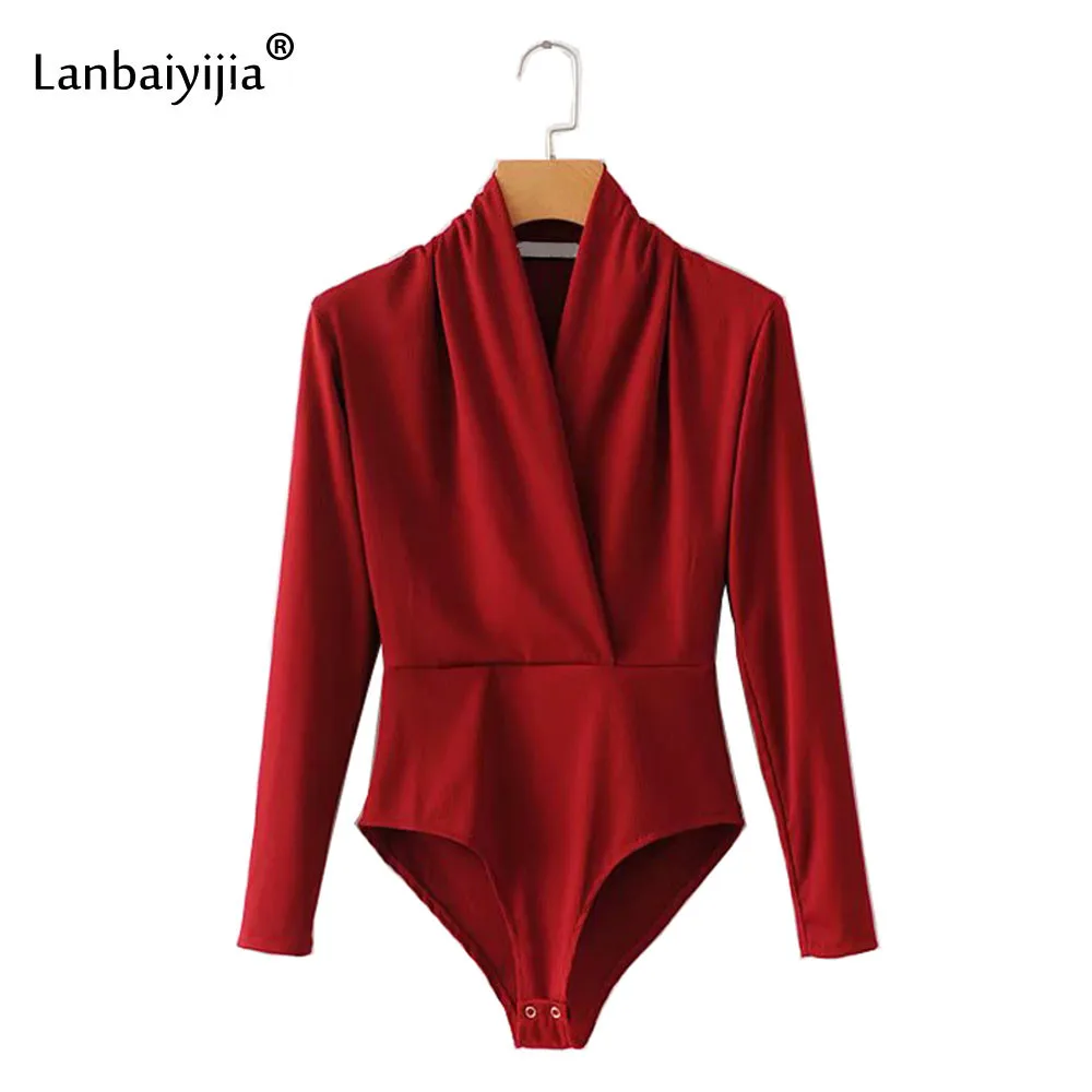 

Europe America Hot Solid Stand Collar Women Bodysuit 2018 Newest Long Sleeve High Waist Fashion Autumn Bodysuits
