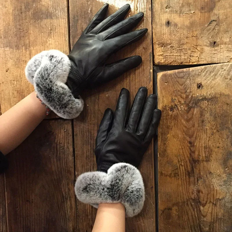 Ladies Genuine Leather Gloves With Real Rex Rabbit Fur Cuff Real Sheep