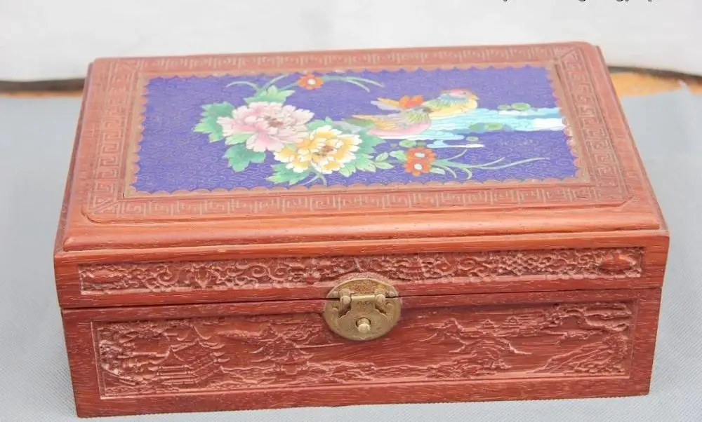 

Chinese Mahogany inlay Cloisonne Enamel Mandarin Duck Peony flower Jewelry box