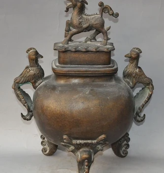 

old chinese palace bronze Kirin Unicorn Kylin phoenix bird incense burner Censer