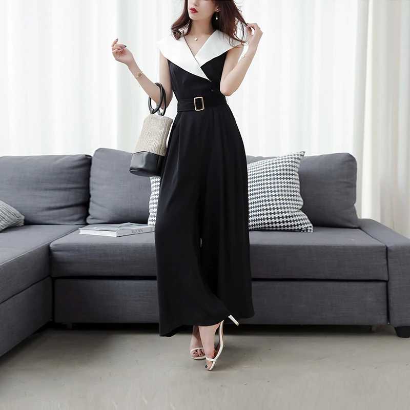 

new summer ladies fashion temperament slim wide leg jumpsuit sexy sleeveless high waist elegant work style long pant jumpsuit