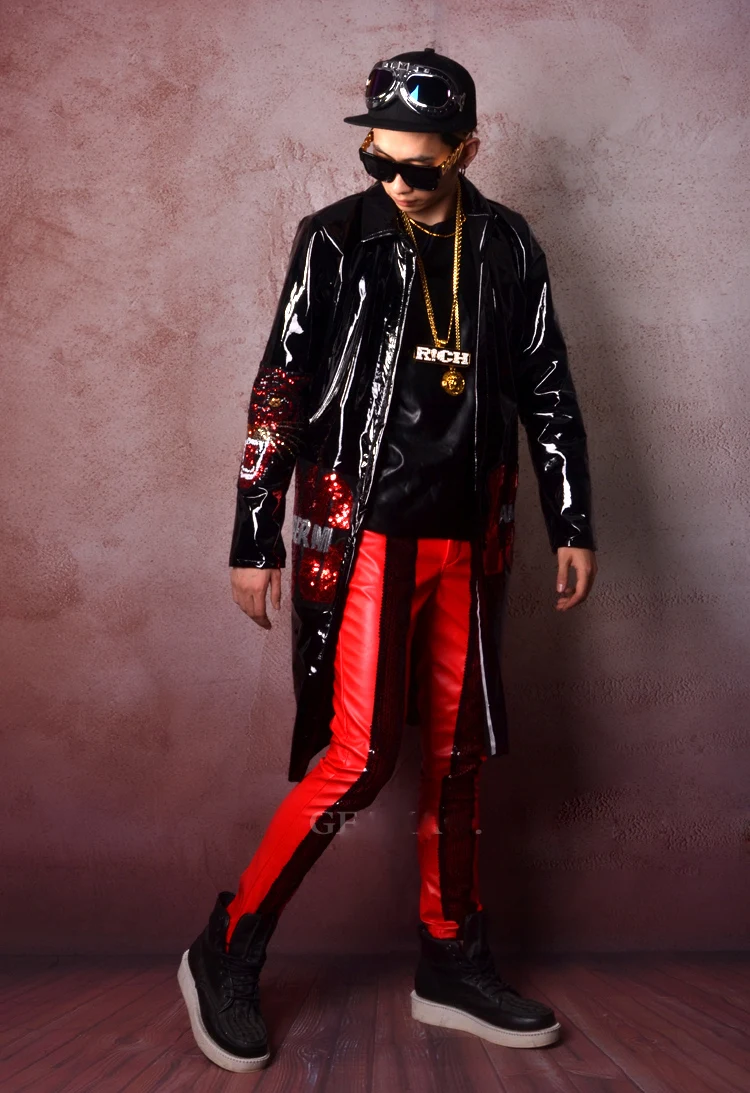 Мужская кожаная куртка-Тренч с блестками мужская женская уличная хип-хоп длинная куртка-ветровка суперзвезда модная одежда для сцены