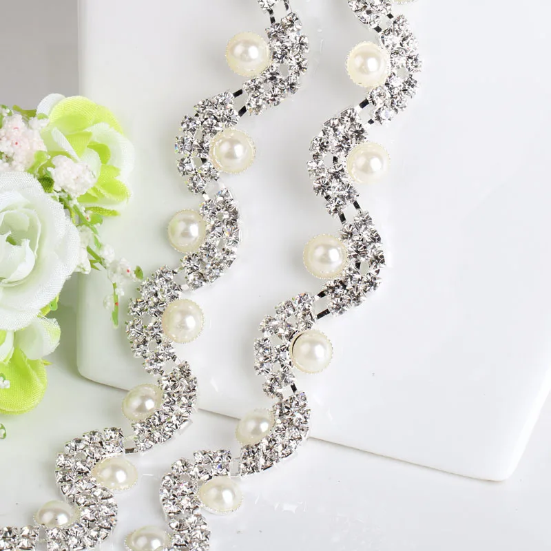 

12MM Silver Chains and Rhinestone Pearls Trim with Crystals by 1 Yard for Bracelet DIY Jewelry Hair pins Bags Shoes Dresses