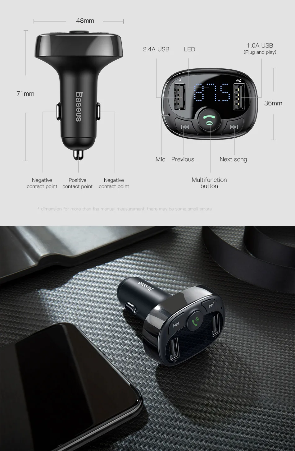 Baseus Dual USB Car Charger With FM Transmitter And Bluetooth Handsfree Call 16