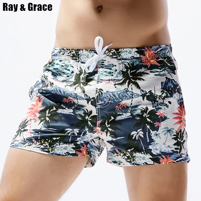 

RAY GRACE Beach Surf Board Shorts Men Summer Quick Dry Water Sports Shorts Elastic Waist Floral Plant Prited Swim Shorts Male