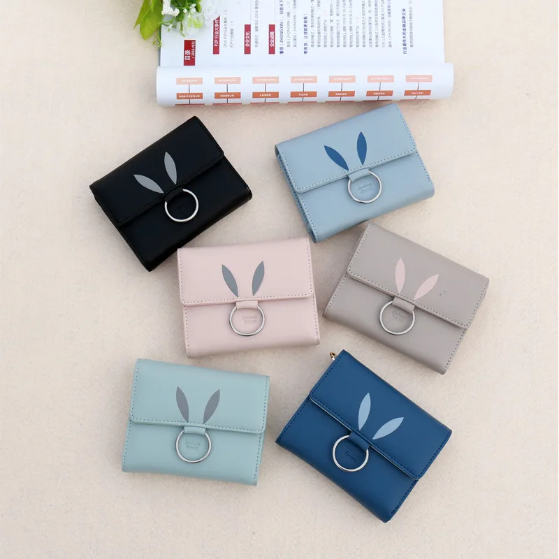 

new pu fashion round ring bunny three folder claps coin purse girls smart bag women money change wallets bag