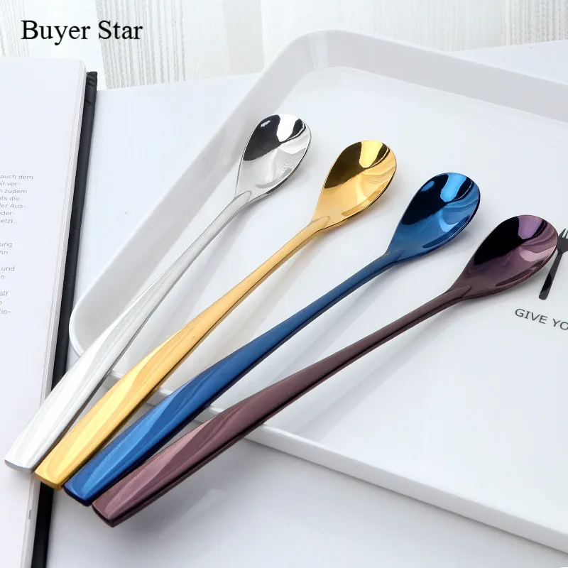 

6 pcs/lot Ice Cream Spoon Tea Coffee Handled Long Handle Stainless Steel Dessert Spoons