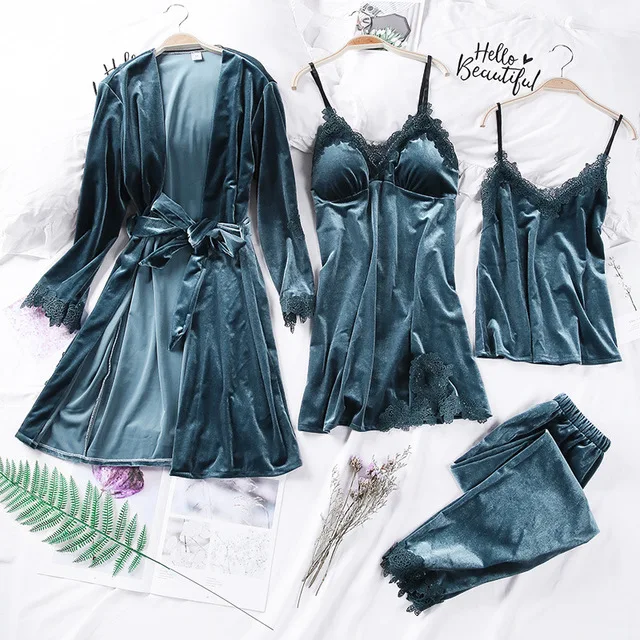 

Women Velvet Pajamas Set 4 Piece 2019 Autumn Winter Sexy Lace Long Lingerie Robe Sleep Wear Pants Sleepwear Pijamas Nightdress