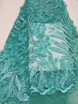 

(5yards/pc) small 3D flowers appliqued African French net lace fabric in mint green with embroidery and stones for party FLC32