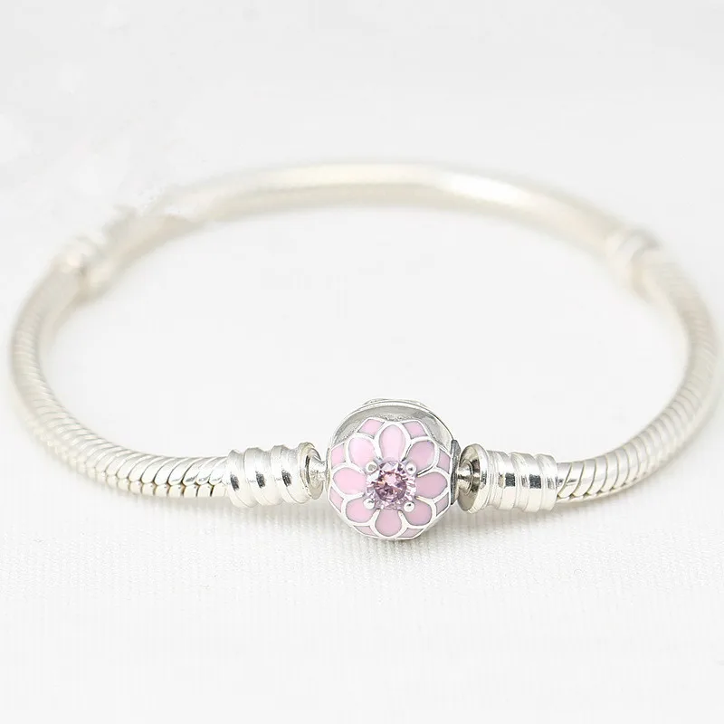 

Authentic 925 Sterling Silver Pink Blooming Dahlia Clasp Snake Chain Pandora Bracelets Bangle Fit Women Bead Charm DIY Jewelry