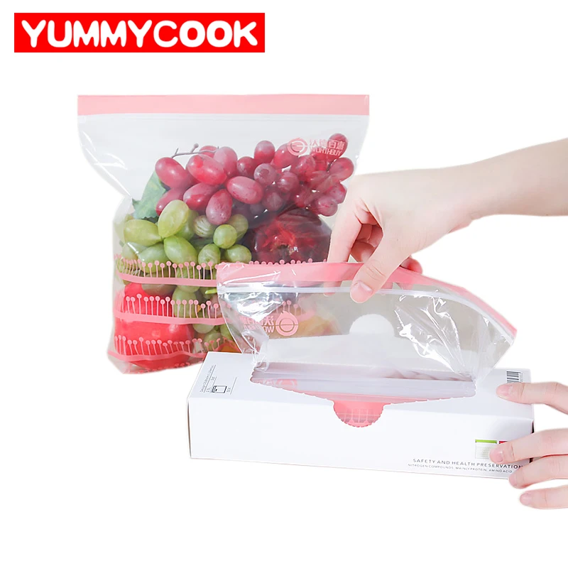 50 قطع كيس بلاستيكي ذاتي الغلق قابلة لإعادة الاستخدام الخضار تخزين أكياس المحمولة القابلة للإزالة البلاستيك شفافة كيس طعام المطبخ منظمة الاش...