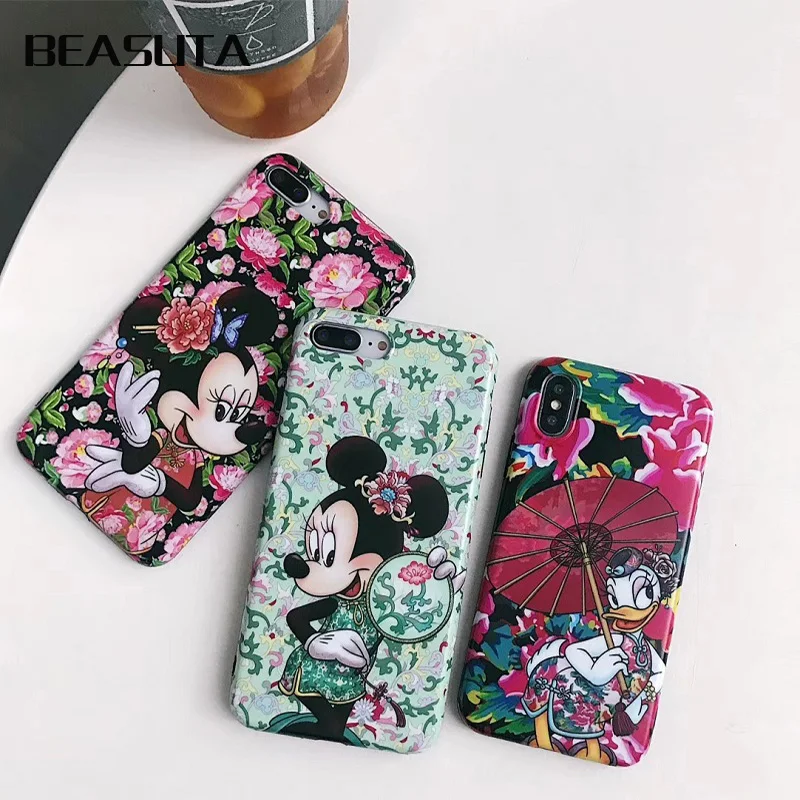 

Case For iphone 7plus XS MAX XR Chinese style embroidery Case Mickey Minnie Silicone Soft Coque For iPhone 6s 6 7 8plus X