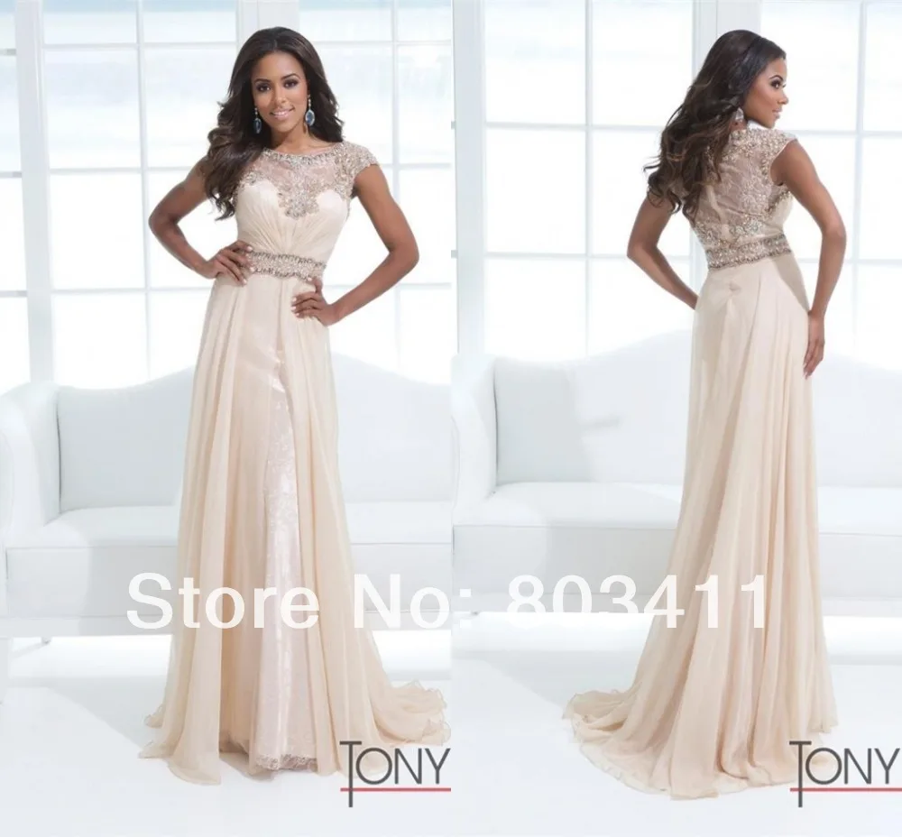 Free Shipping 2014 Stunning High Neck See Through Cap Sleeves Beaded Lace Chiffon Evening Gown Dresses