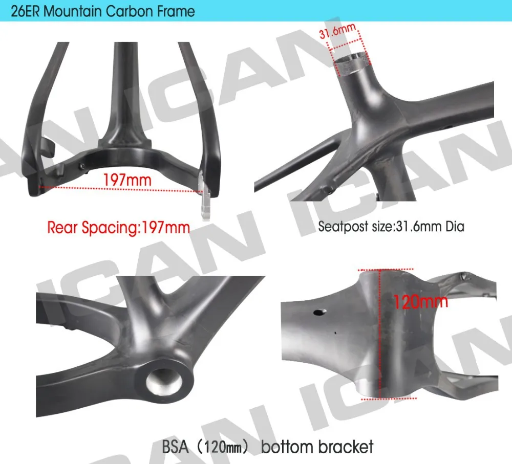 Perfect ICAN High Performance Carbon fat bike frame 26er carbon fatty bike frame Rear Space 197mm 16/18/20inch 120mm BSA 17