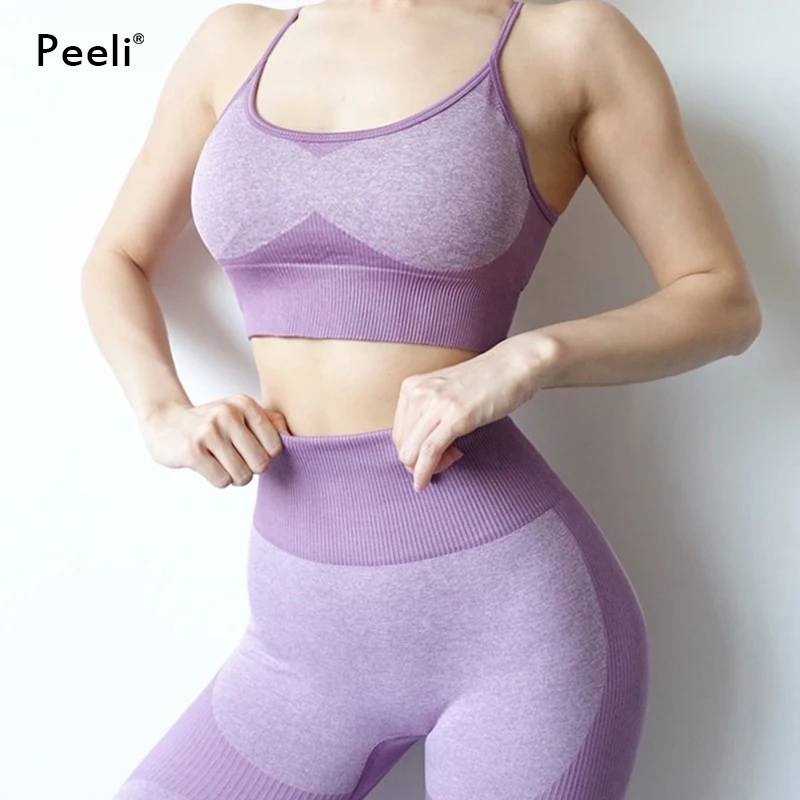 

Peeli Women Yoga Set Gym Clothes Seamless Leggings+Strappy Sports Bra Workout Sport Suit Femme Fitness Set Running Active Wear