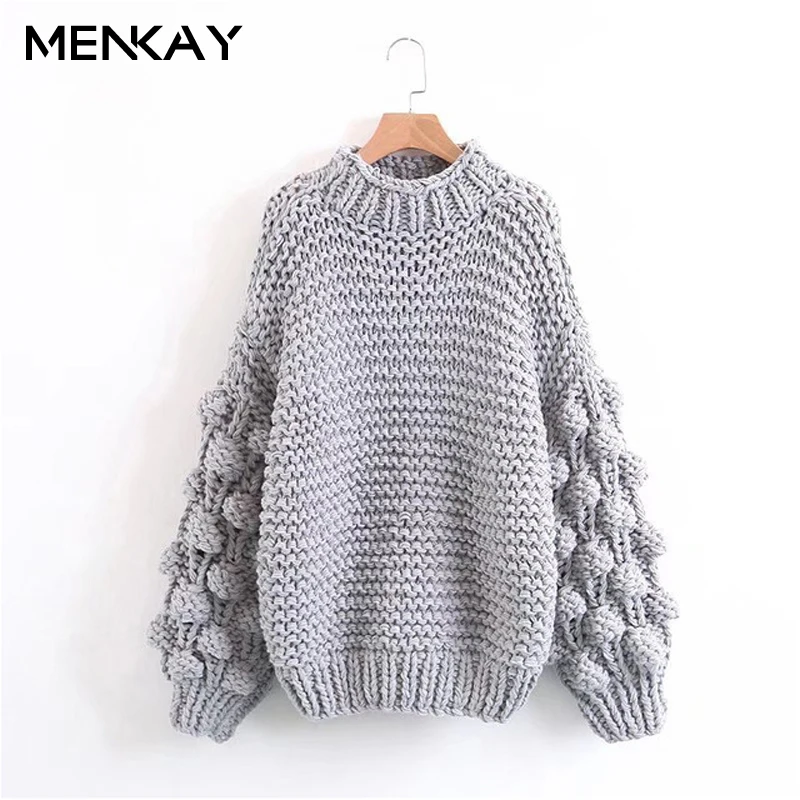

[MENKAY] Full Lantern Sleeve Women Oversized Hand Knitted Sweaters Female Pullovers 2018 Winter Thick Knitwear Ladies Fashion