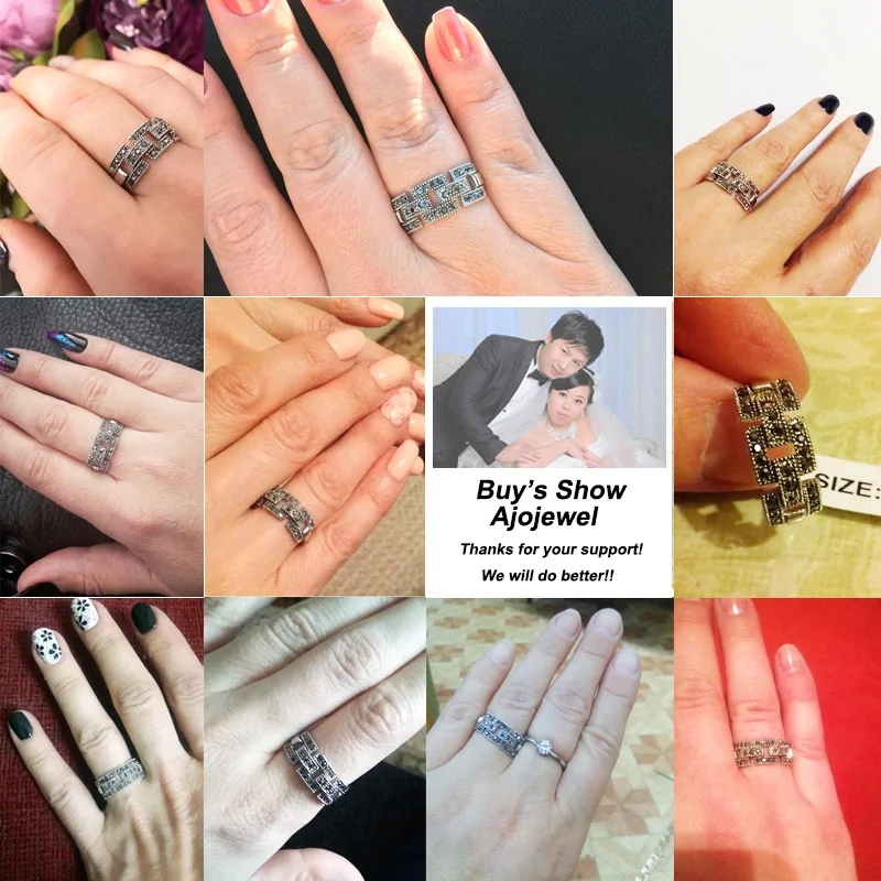 CZ Female Retro Vintage Link Ring Black For Women Size 7,8,9 Finger Ring