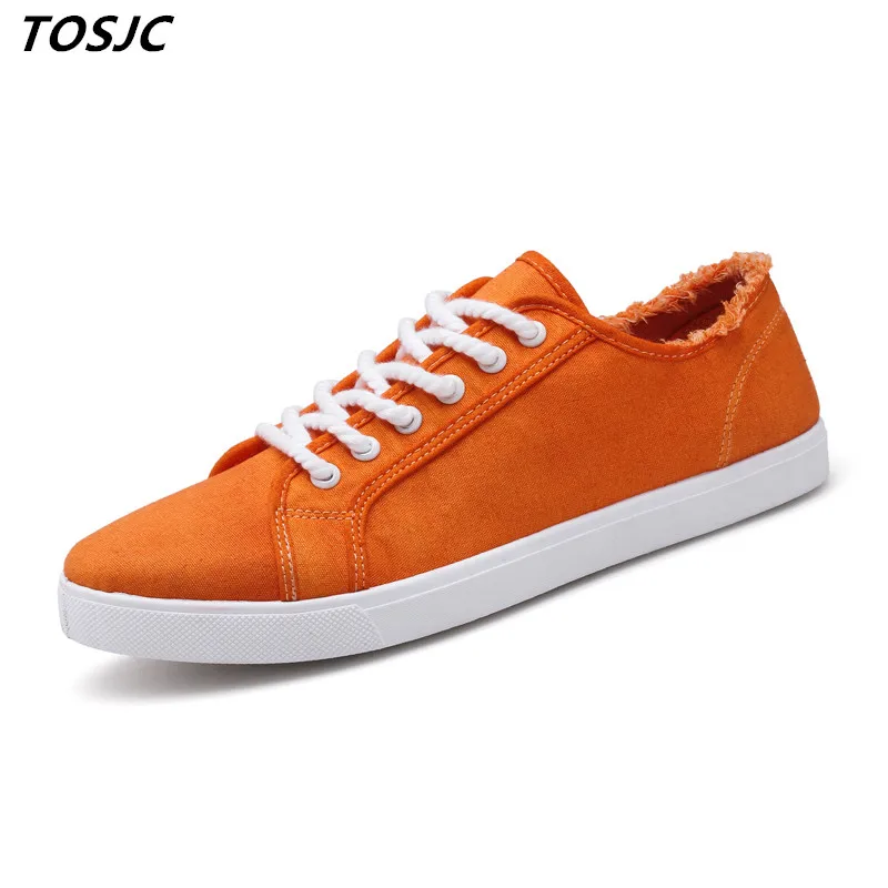 

TOSJC Man Breathable Canvas Valcanized Shoes Orange Color Flat Shoes Male Spring Teenage Shoes Lace up Boys Shoes