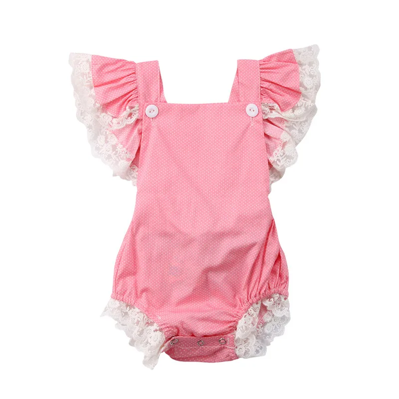 Pink One Piece Bodysuits For Infant Baby Girls Lace Dot Jumpsuit