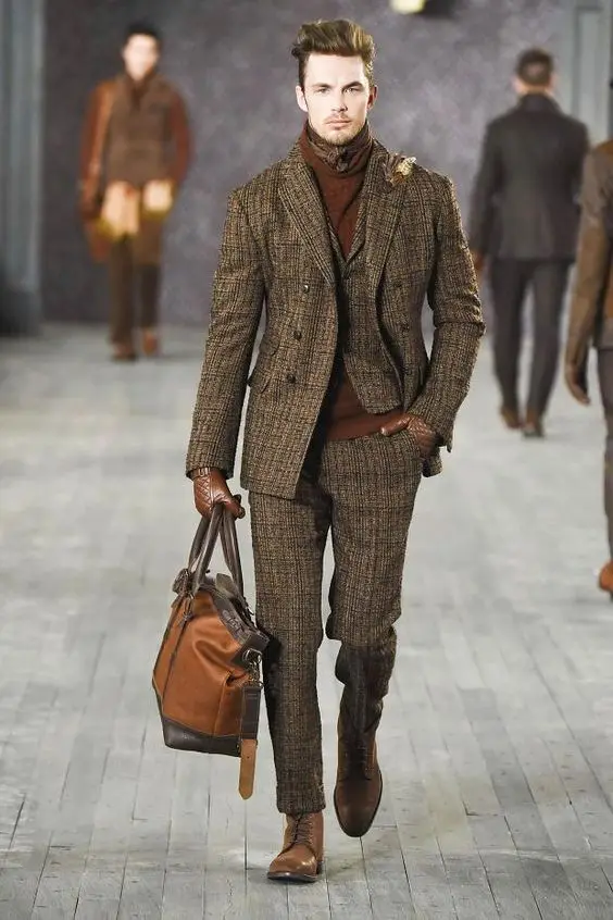 Custom made brown harris suits for men business causal slim fit hight street tweed blazer-