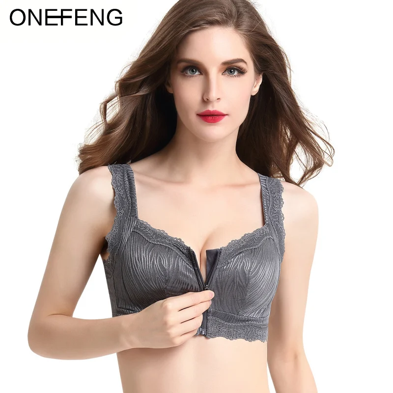 

ONEFENG 1755 Front Buckle Zipper Bra New Large Size Lace Full Cup Sleep Cotton Coaster No Steel Ring Gathered Underwear Female