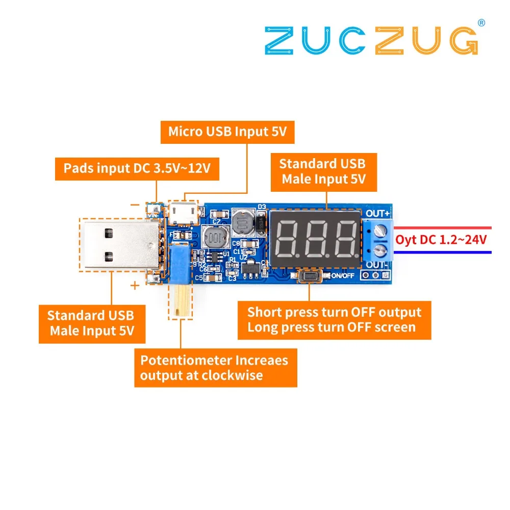 

DC-DC 5V to 3.5V / 12V USB Step UP / Down Power Supply Module Adjustable Boost Buck Converter Out DC 1.2V-24V