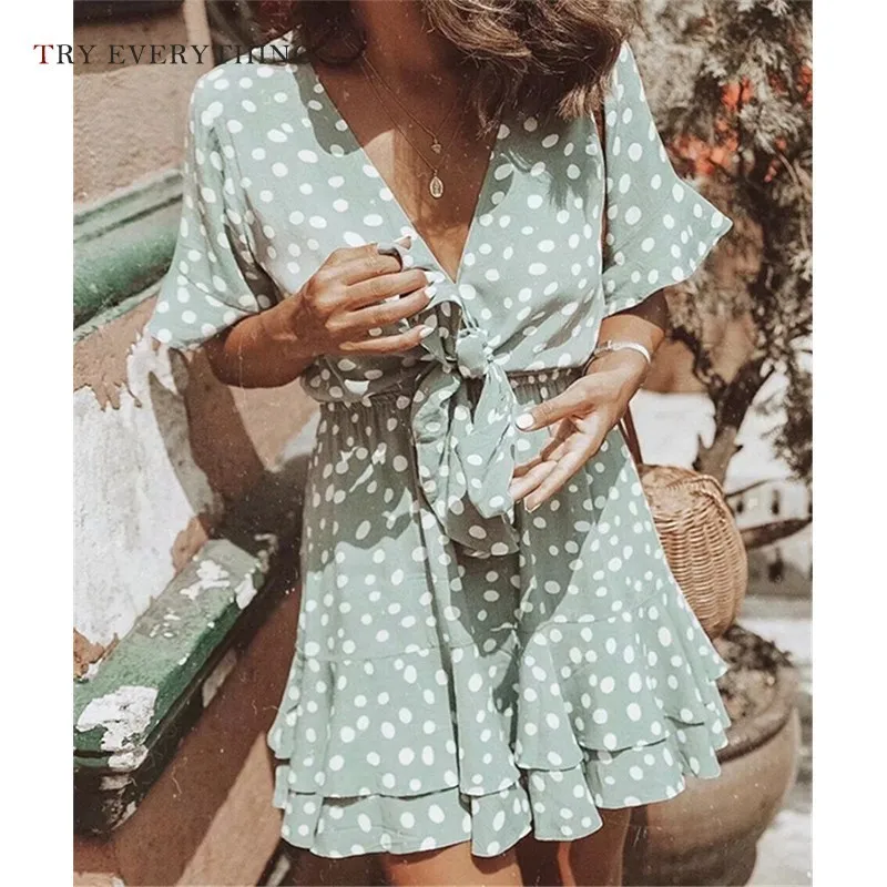 

Women Boho Summer Dress 2019 Green Polka Dot Beach Dresses Ladies Ruffles Warp Casual Dress Women A Line Short Mini Dresses