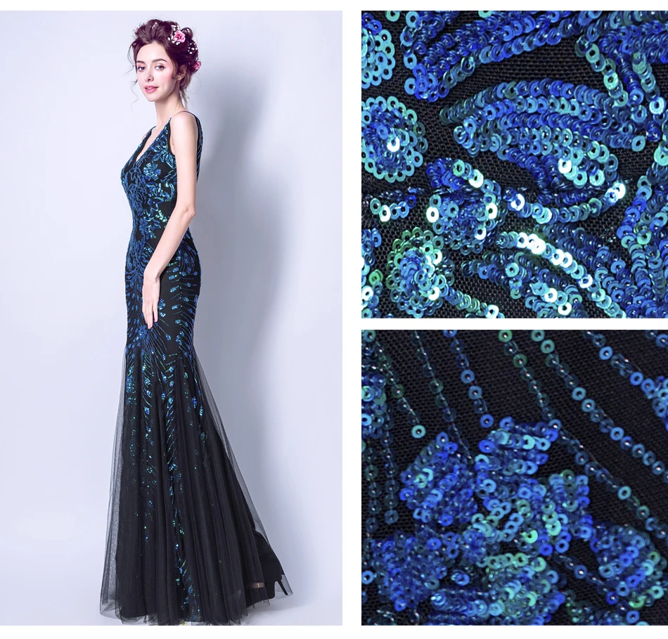 Новое поступление благородный глубокий v-образным вырезом Синий сапфир блестками русалка платье для мамы 650