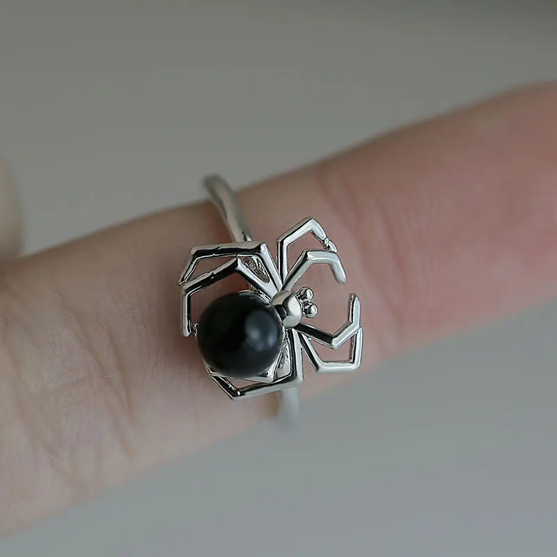

2019 New Silver Spider Ring For Women 925 Sterling Silver Unique Ring Natural Black Stone Ring Trendy Party Fashionable Jewelry