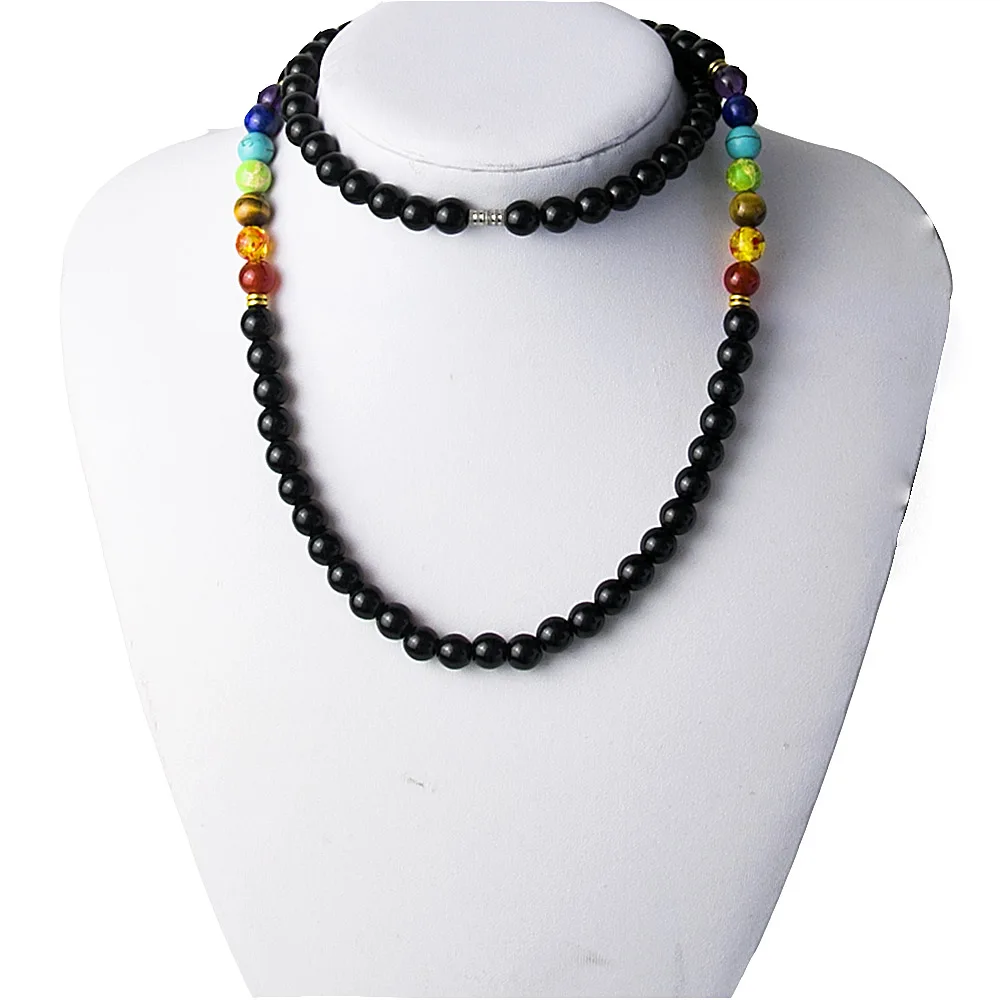 Black Onyx 8MMM Beads Necklace Women 7 Chakra Multicolor For Wisdom Natural Stone Yoga Meditation Necklace Christmas Gifts