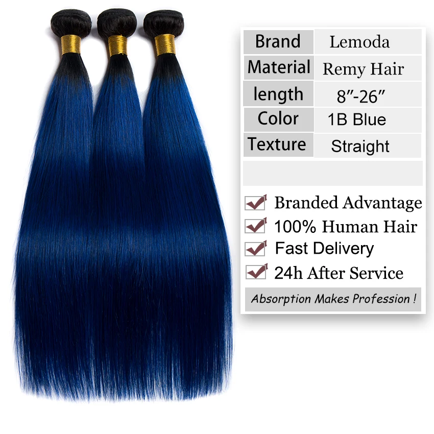 Brazilian Straight Hair Bundles with Closure 3 Pcs Ombre Bundles with Frontal 13x4 1BBlue LeModa Remy Human Hair Extensions (1)