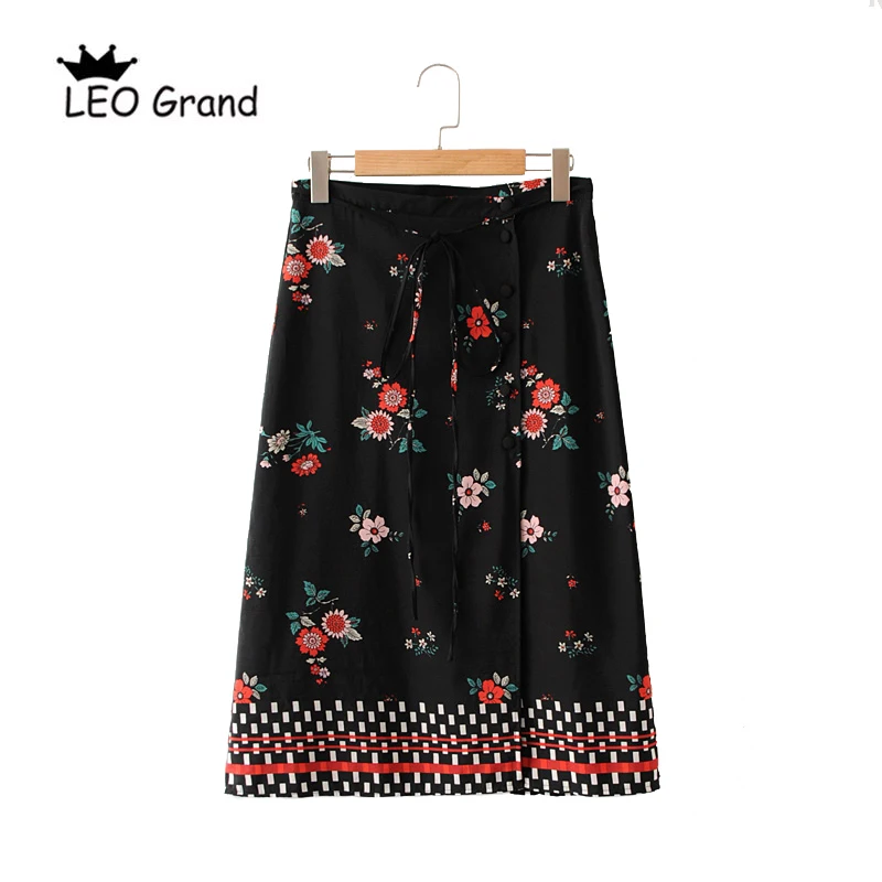 Leo Grand/Женские повседневные цветочные печатных линия юбки drawstring кнопки дизайн