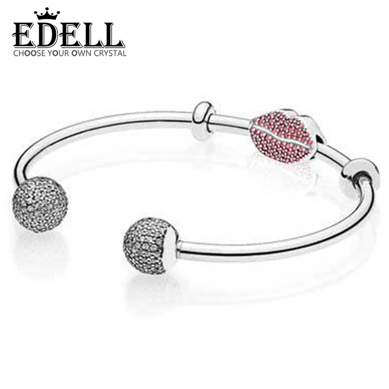 

EDELL 925 Sterling silver SPARKLING KISS OPEN BANGLE GIFT SET Clear CZ fit DIY Original charm Bracelets jewelry A set of prices