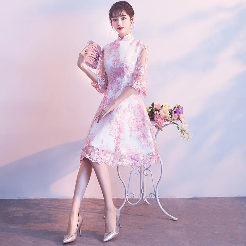 Розовый Мини Qipao Кружева Вышивка Китайская традиционная свадьба Cheongsam современный китайский халат Qi Pao старинные восточные платья s-xxxl
